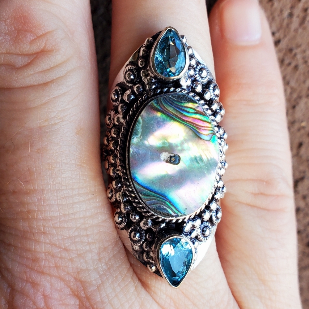 New Abalone Shell & Blue Topaz Silver Ring.